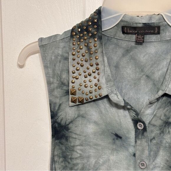 Lucca Couture | Women's Green Tie Dye Studded Collar Button Down Tank Top - Picture 3 of 14